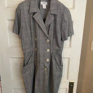 Vtg 90s TALBOTS Donna Ricco Sz 12P Black/White Houndstooth Button Front Dress.